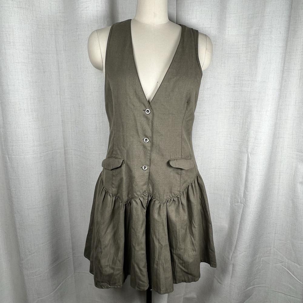 Vintage Free People Sleeveless Army Green‎ Wool Blend Vest Ruffled Mini Dress 10